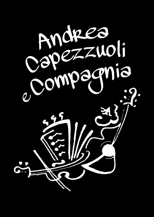 Logo di Andrea Capezzuoli e Compagnia: il nome scritto a mano sopra il disegno di un organetto, un violino e una cornamusa