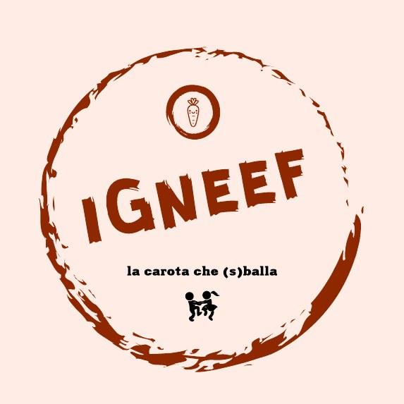 Logo di I GNEEF: il nome in un cerchio a pennello color ruggine, con una carota e due ballerini
